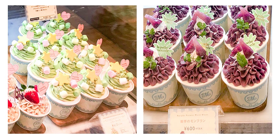 （左）「イチゴとピスタチオクリームのツリーケーキ」 / （右）「紫芋のモンブラン」